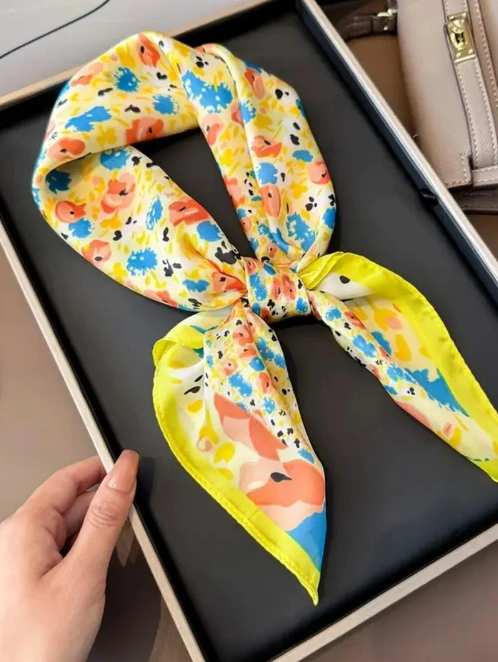 Silk-feel  Floral Yellow Women's Neck Scarf , Head Scarf